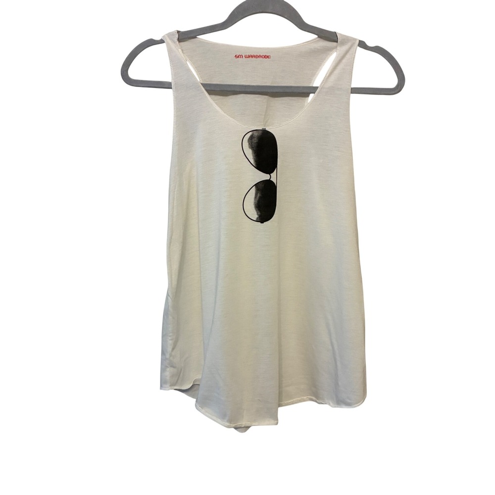 SM Wardrobe Aviator Sunglasses Graphic Tank Top Sz M White Racerback Beachy